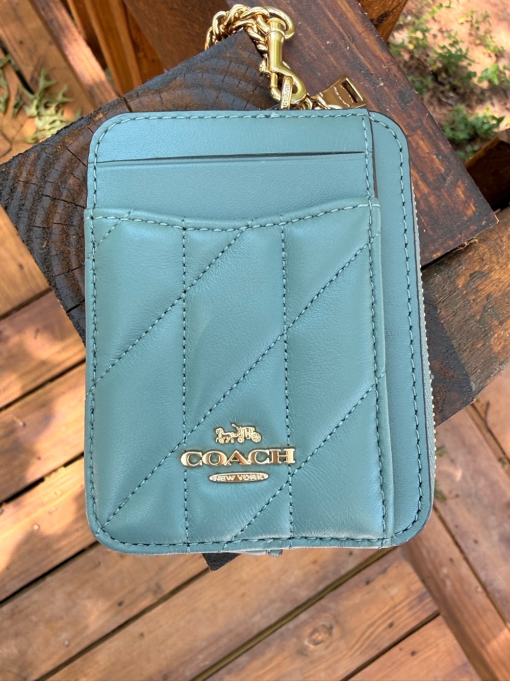 Coach Quilted Leather Card Holder with Gold Chain - Aqua - Picture 2 of 5